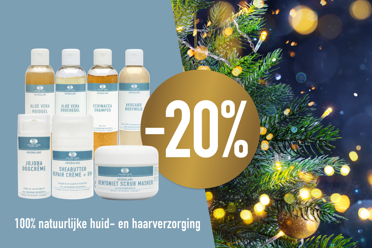 Huidbalans poster kerstkorting 20% met verpakkingen en kerstballen