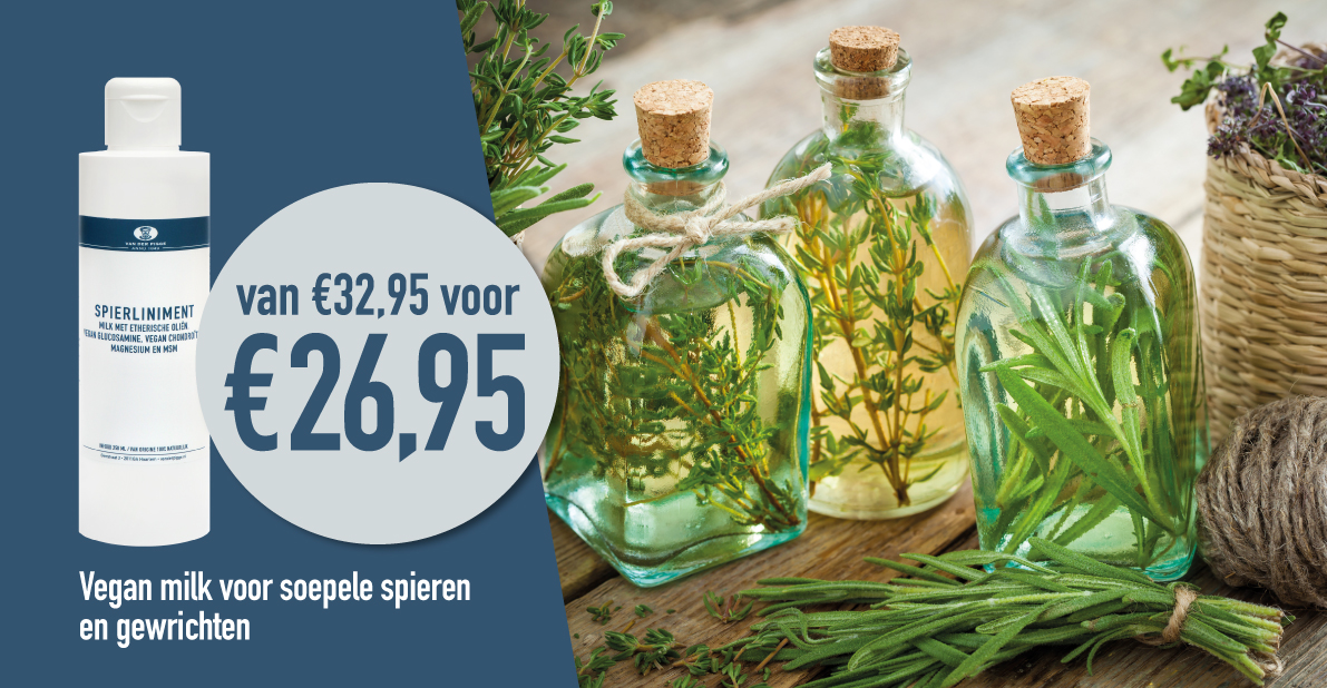 Reclame poster spierliniment met decoratieflesjes olie en fles spierliniment met aanbiedingsprijs