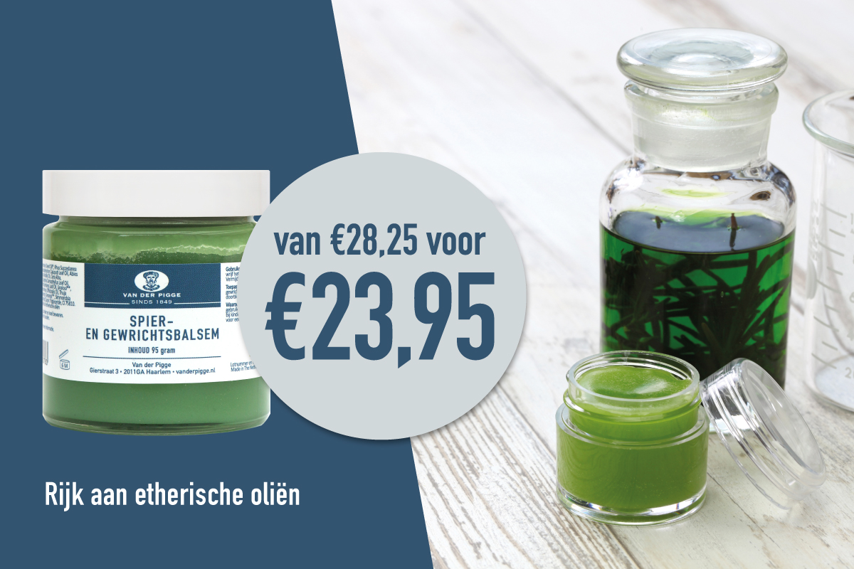 posteraanbieding spierbalsem met sfeerbeeld olie in stopfles