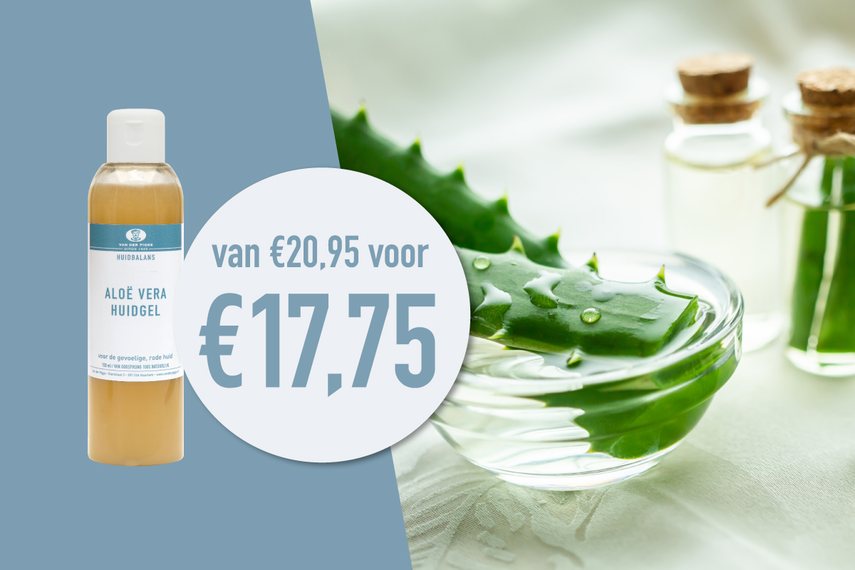 posteraanbieding aloe vera huidgel met flesje erop en aloe vera