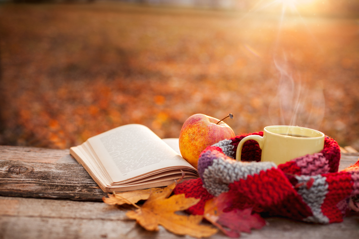 herfstkwalen herfstbeeld met boek en natuur en appel en thee met sjaal