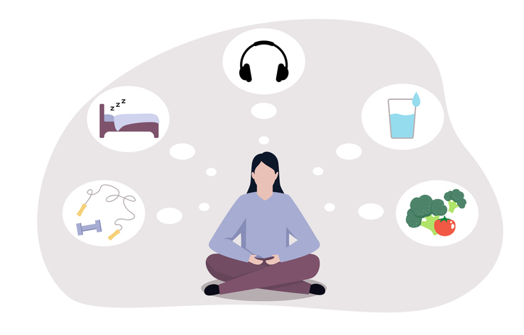 Combinatie van gezonde gewoonten voor welzijn. Een vrouw met mentale rust zit in lotushouding. Dagelijkse rituelen, sport, slaap, voeding en wandelingen. Een gelukkige levensstijl. Cartoon platte vectorset.